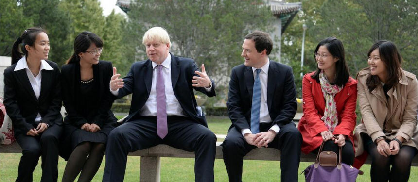 London's Mayor Boris Johnson and UK Chancellor George Osborne at Peking University. Photo: Andy Parsons