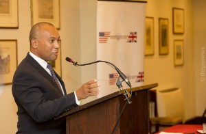 Governor Deval Patrick addresses the audience during the UK trade mission
