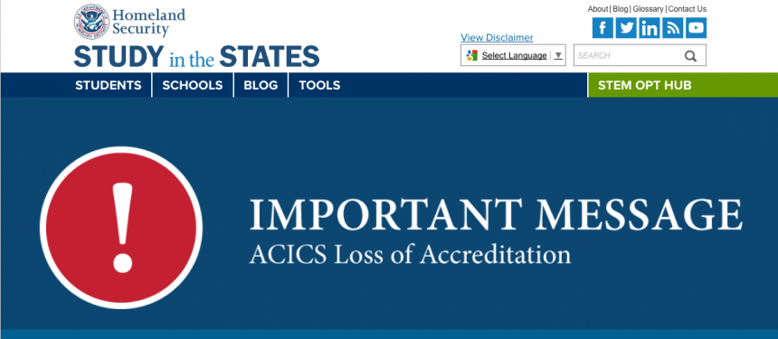 ACICS loses accreditation powers - Study in the States website notice