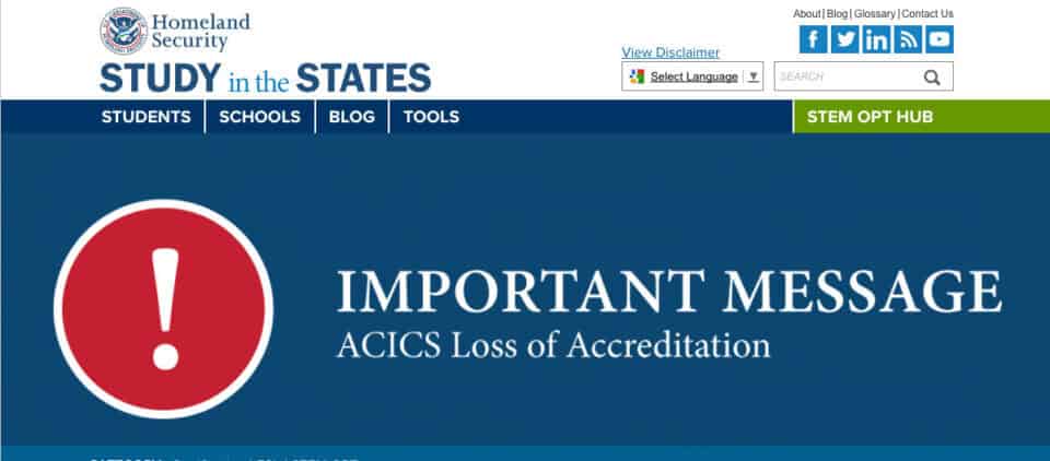 ACICS loses accreditation powers - Study in the States website notice