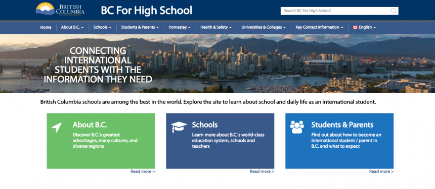 British Columbia website for international high school students