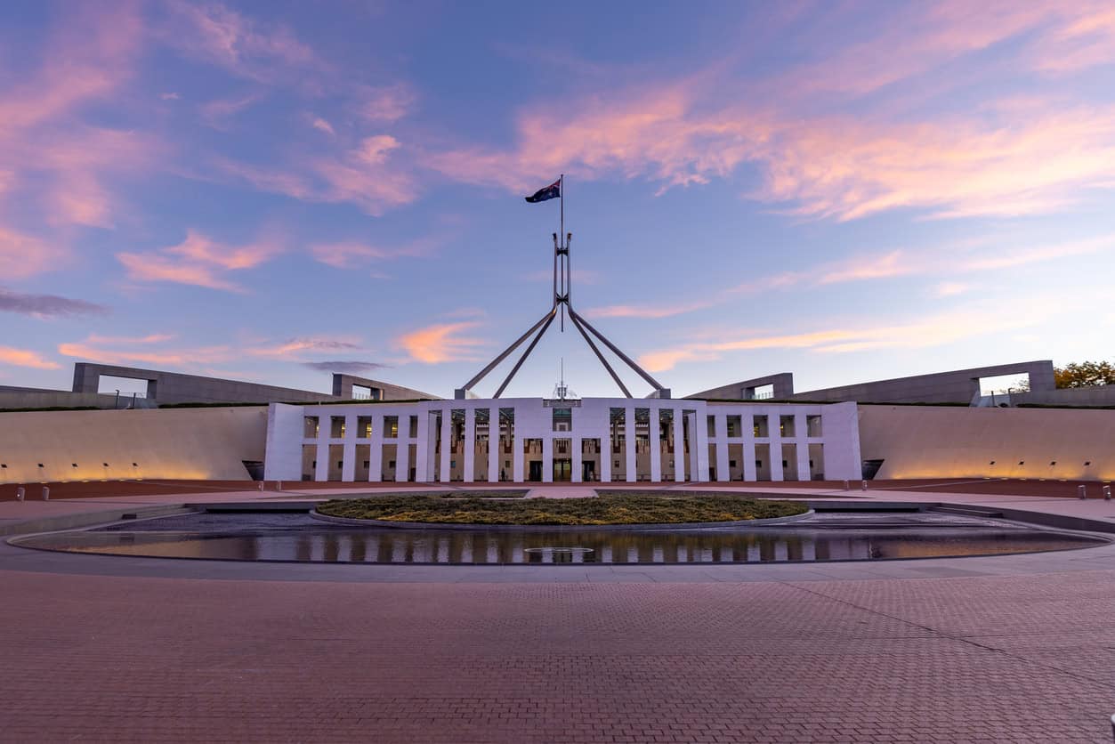 A sunset wide view of federal parliament house at canberra